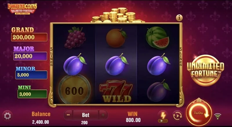 Fortune Coins Unlimited Fortune - basisskærm med 3x3 gitter og frugtsymboler